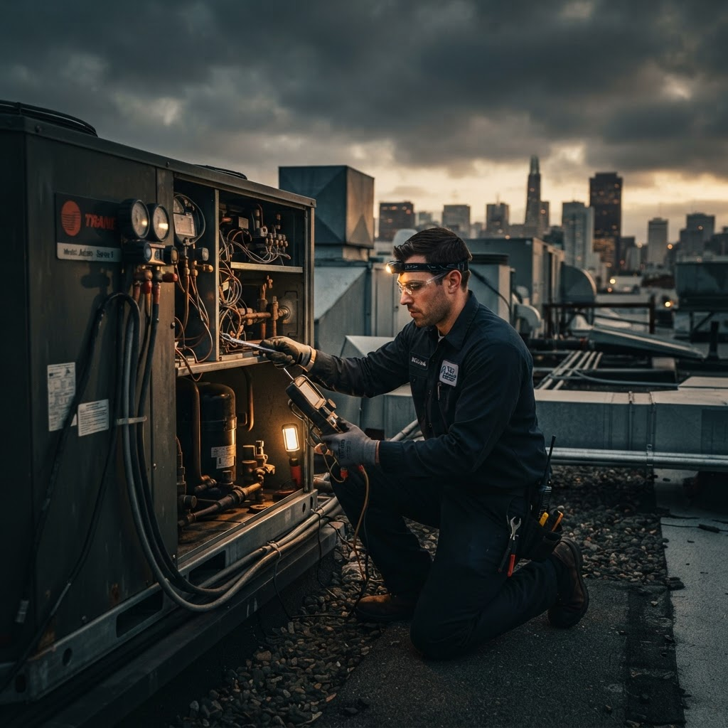 Harbourline technician servicing a commercial rooftop HVAC unit
